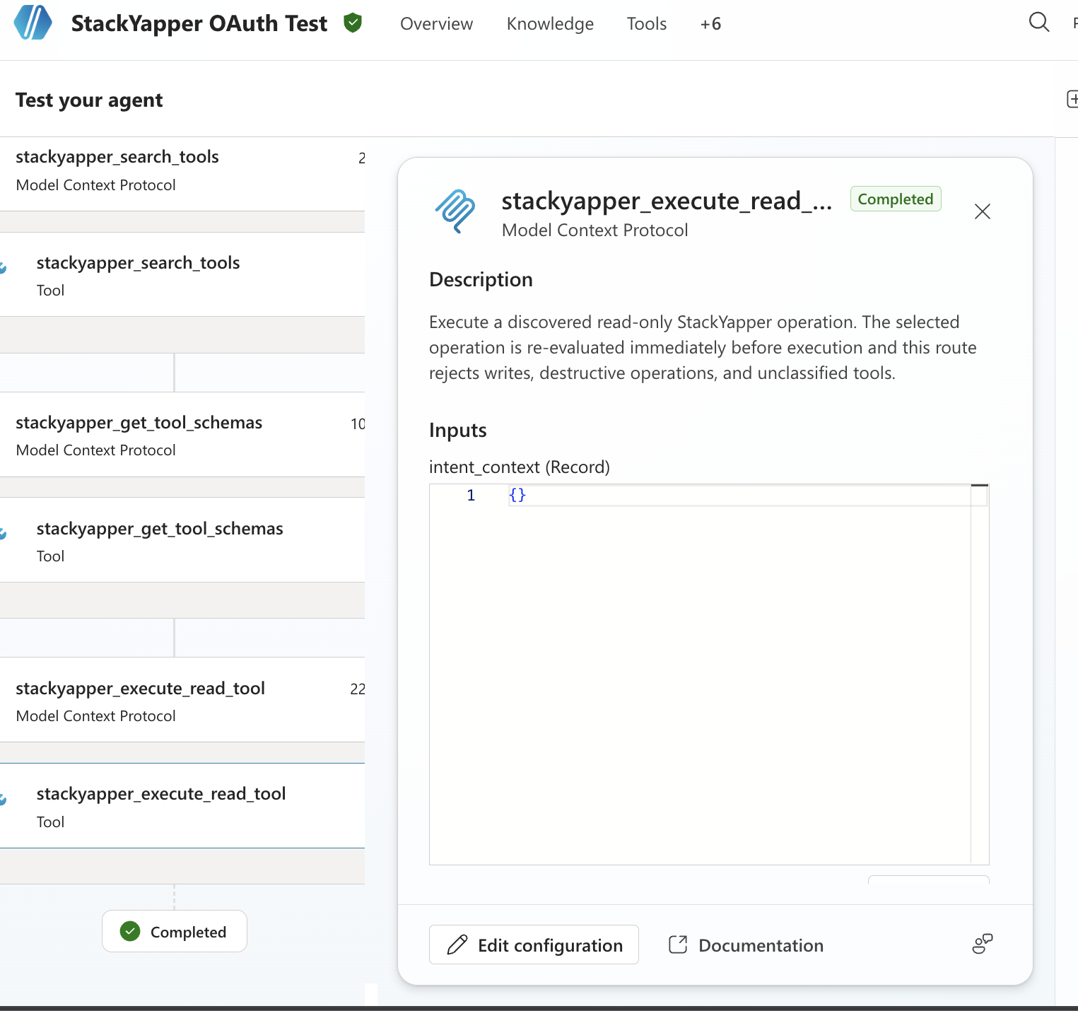 Microsoft Copilot Studio activity map showing completed Stackyapper search, schema, and read steps.